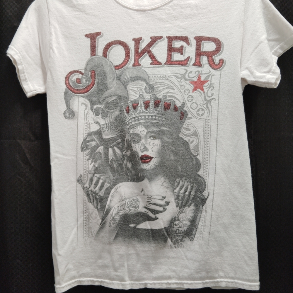 Joker Jester Skull and Sexy Woman Crown Graphic White T-Shirt.